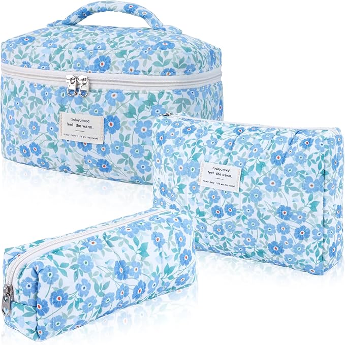 3Pcs Cotton Quilted Makeup Bag Set,Large Floral Cosmetic Bag,Aesthetic Toiletry Travel Makeup Bag Set and Cute Flower Bag for Women Girls (Blue Flower)