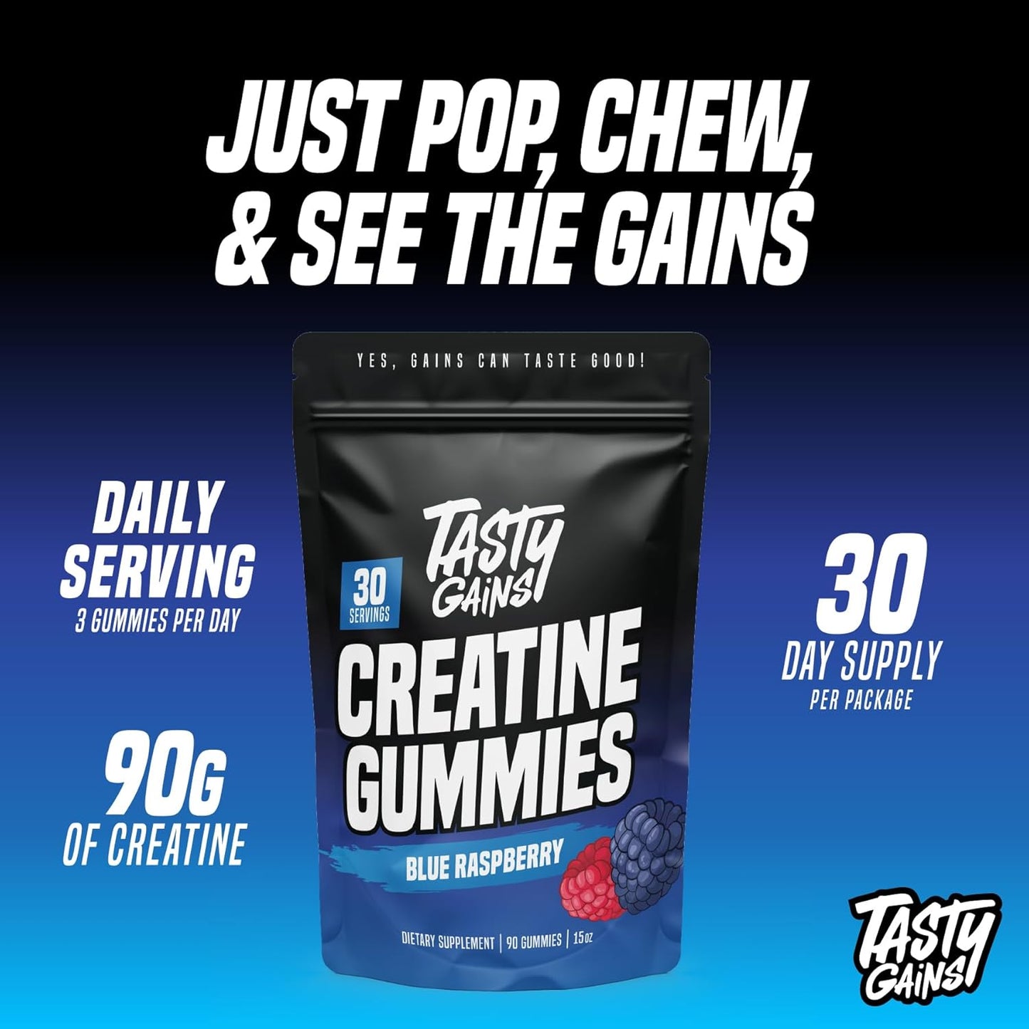 Creatine Infused Gummies, 90g of Creatine, Non-GMO, Vegan - Build Muscle & Boost Strength for Men & Women (1g Creatine Monohydrate Per Gummy) Made in USA