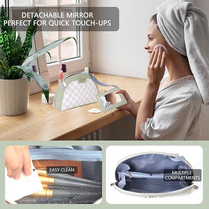 Small Makeup Bag for Purse Cosmetic Bag: Checkered Make up Bag for Women - Cute Preppy Skincare Bags for Evening - Waterproof Travel Pouch for Toiletry Organizer with Mirror & Zipper(022-Green)