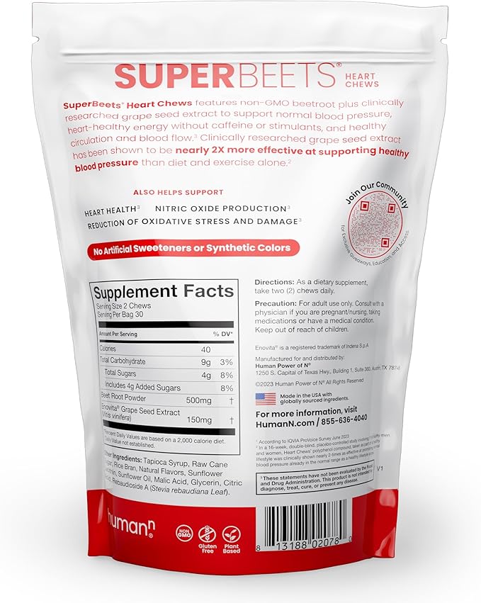 humanN SuperBeets Heart Chews, Nitric Oxide and Blood Pressure Support, Grape Seed Extract & Non-GMO Beet Root Powder Energy Chews, Super Beets Heart Chews, Pomegranate Berry Flavor, 60 Count