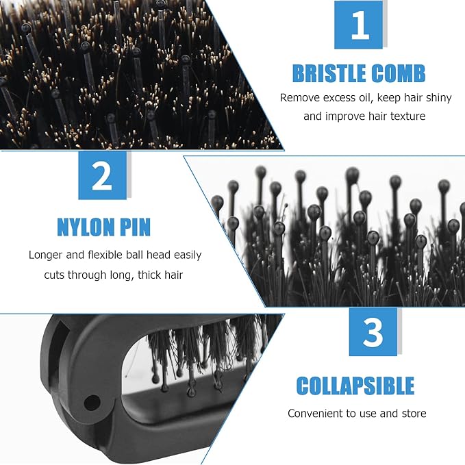 Ancable Travel Folding Hair Brush, Collapsable Portable Pocket Boar Bristle Hair Brush for Thin and Thick Hair, Mini HairBrush for Men Women Kids, Restores Shine, Black