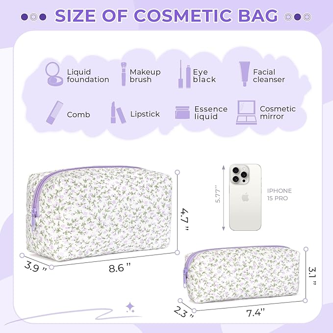 Quilted Makeup Bag Set,Large Floral Cosmetic Pouch For Women,Cute Cotton Brushes Storage Travel Toiletry Organizer Bags(Purple Floral)
