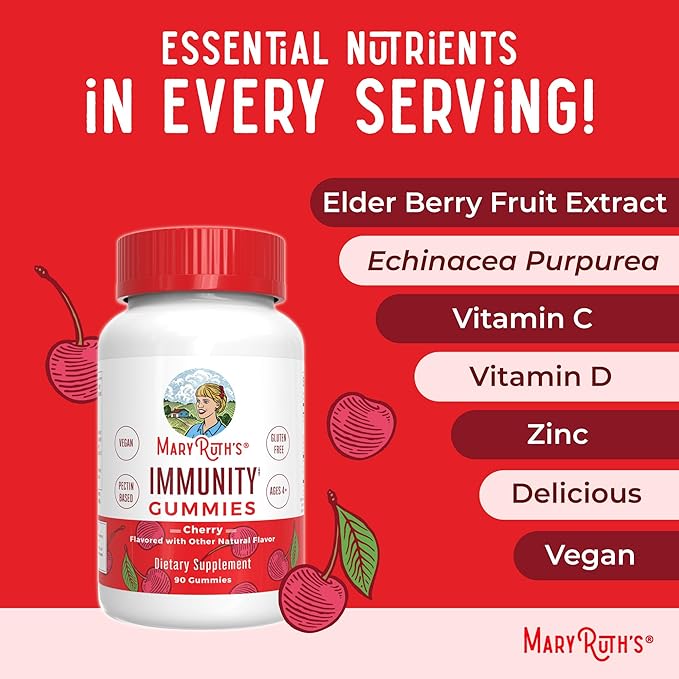 Mary Ruth's 5-1 Immunity Gummies with Elderberry for Kids & Adults | Cherry | Pectin Based | Vegan | 90 Count