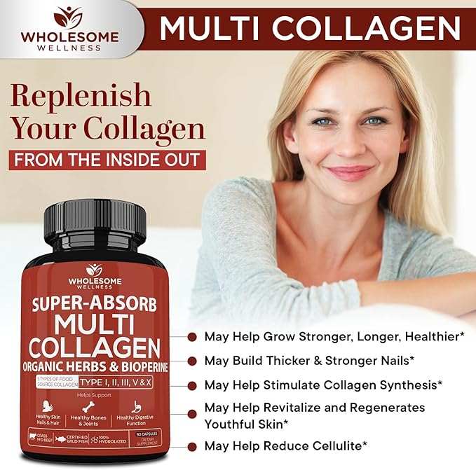 Super-Absorb Multi Collagen Pills (Type I II III V X) Organic Herbs and Bioperine - Hair, Skin, Nails, Joints - Hydrolyzed Collagen Peptides Protein Supplement for Women Men (90 Capsules)
