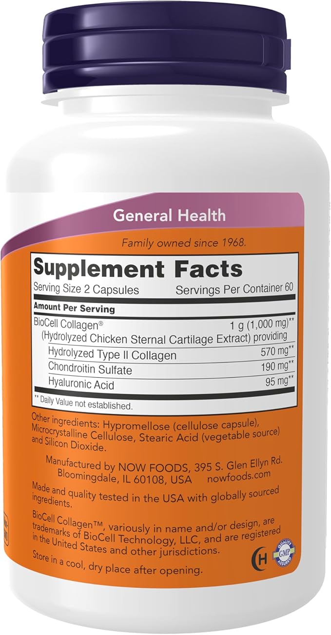 NOW Foods Supplements, BioCell Collagen® Hydrolyzed Type II, Clinically Validated, 120 Veg Capsules