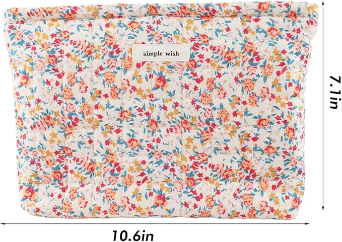 Cotton Quilted Makeup Bag for Women Coquette Floral Cosmetic Bag Cute Zipper Cloth Makeup Pouch for Purse Trendy Aesthetic Orange Flower Makeup Bag Travel Skincare Toiletry Bag Organizer