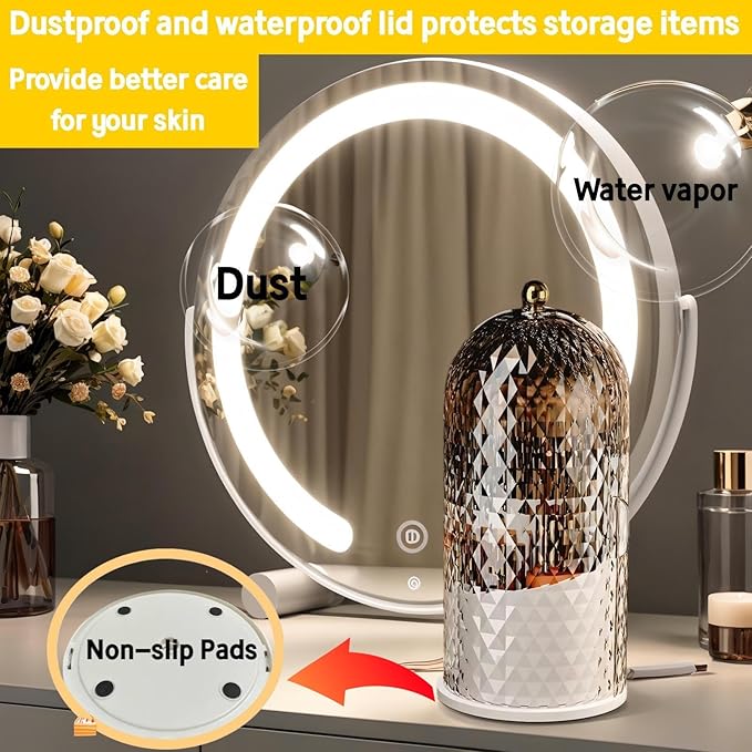 Makeup Brush Holder with Lid,Makeup Brush Storage Box with Diamond Pattern,360 Rotating Waterproof and Dustproof Beauty Brushes Storage for Vanity Bathroom,White