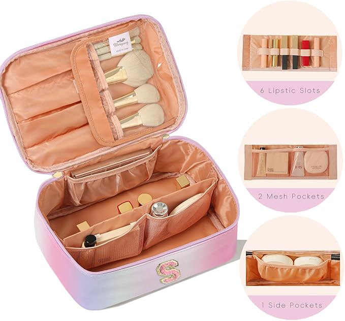 Meiyuuo Large Makeup Bag Cute Travel Pro Cosmetic Bags Personalized Chenille Letter Bag Travel Toiletry Organizer for Women Teen Girls Gifts for Her Preppy Rainbow Pink S