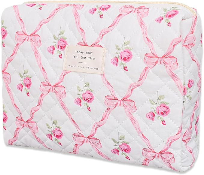 Quilted Makeup Bag,Medium Travel Floral Cosmetic Bag Cute Pouch,Cotton Makeup Brushes Storage Bag for Women