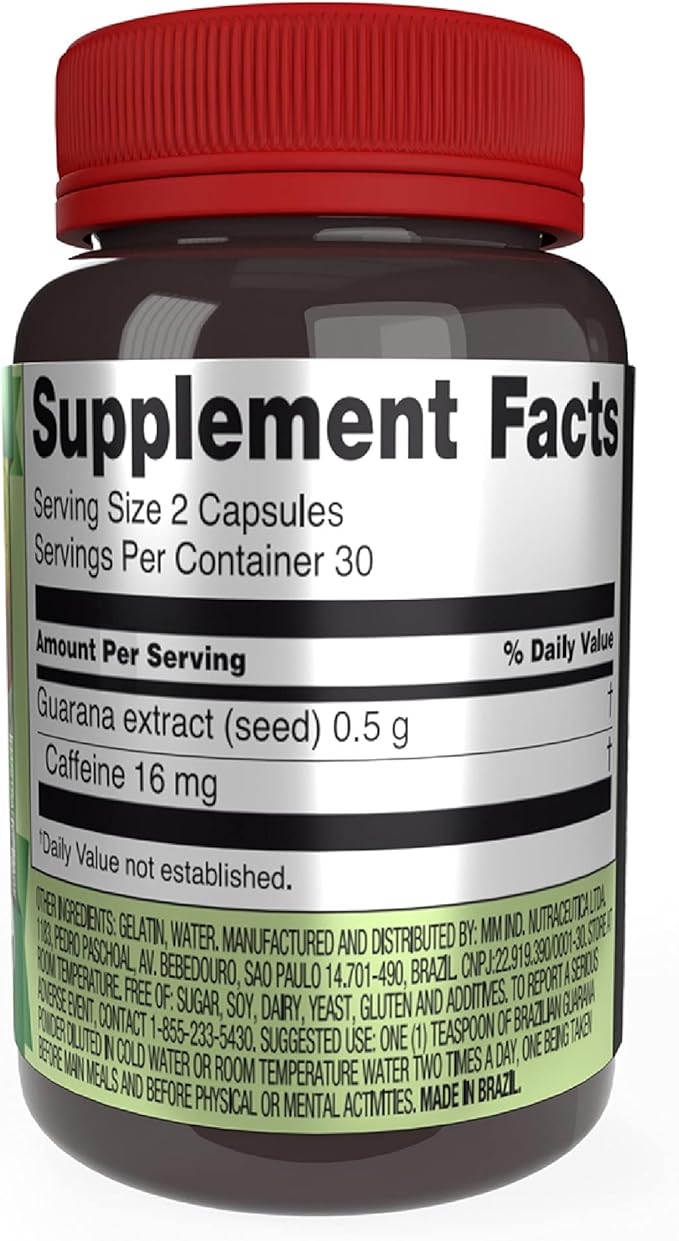 Beelife Brazilian Guarana Capsules - Natural Caffeine Supplements from Brazil - Energy & Mental Focus, Muscle Strength Support - Zero Gluten, No Sugar Pre Workout for Men & Women - 250mg 60 Caps