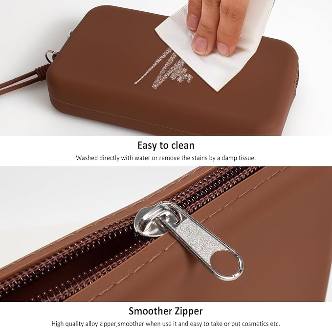 Silicone Small Makeup Bag Pouch for Purse, Travel Toiletry Bag Cute Portable Cosmetic Bag Waterproof Makeup Storage Bag Mini Zipper Clutch Makeup Organizer for Makeup, Beauty Tools (Small Brown)