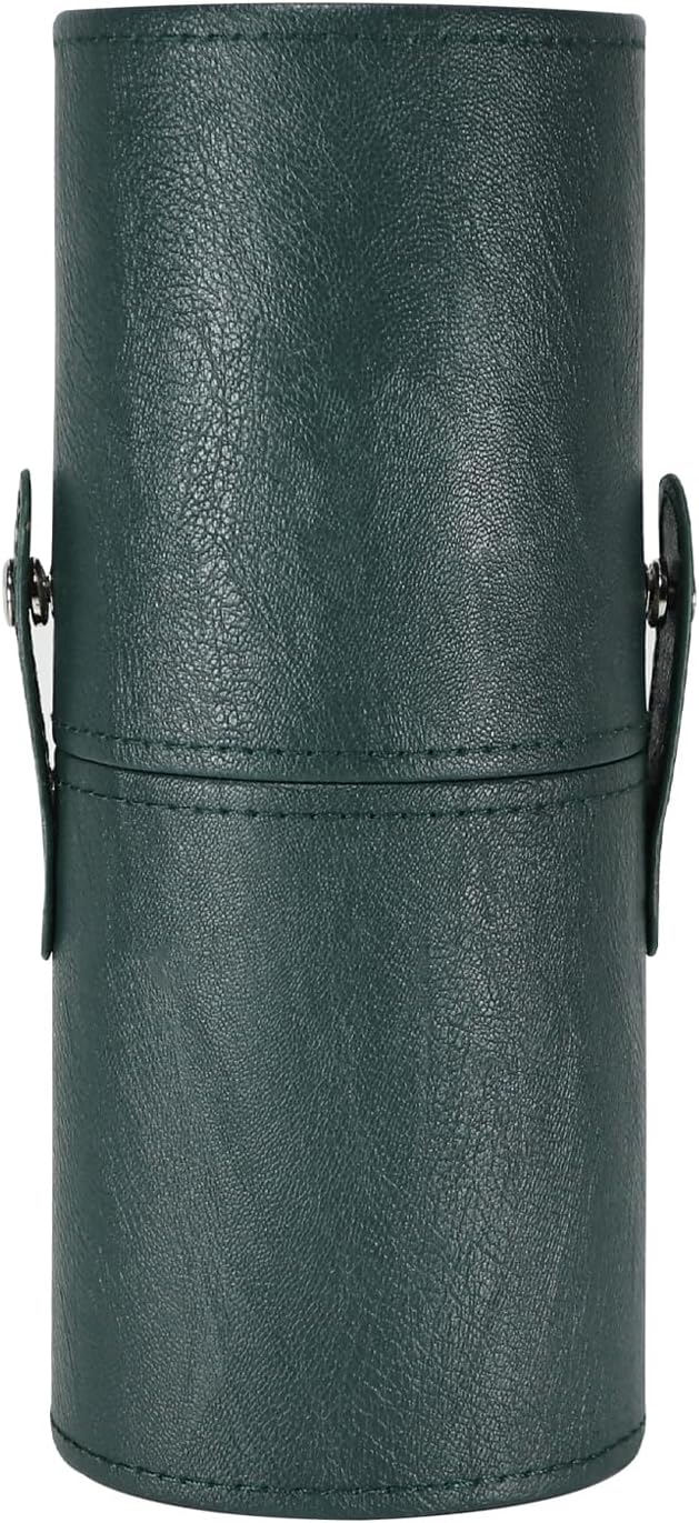 Portable Makeup Brush Case,Pu Leather Makeup Brush Holder with Button,Travel Cup Storage Dustproof Makeup Cosmetic Bags for Women (Dark green)