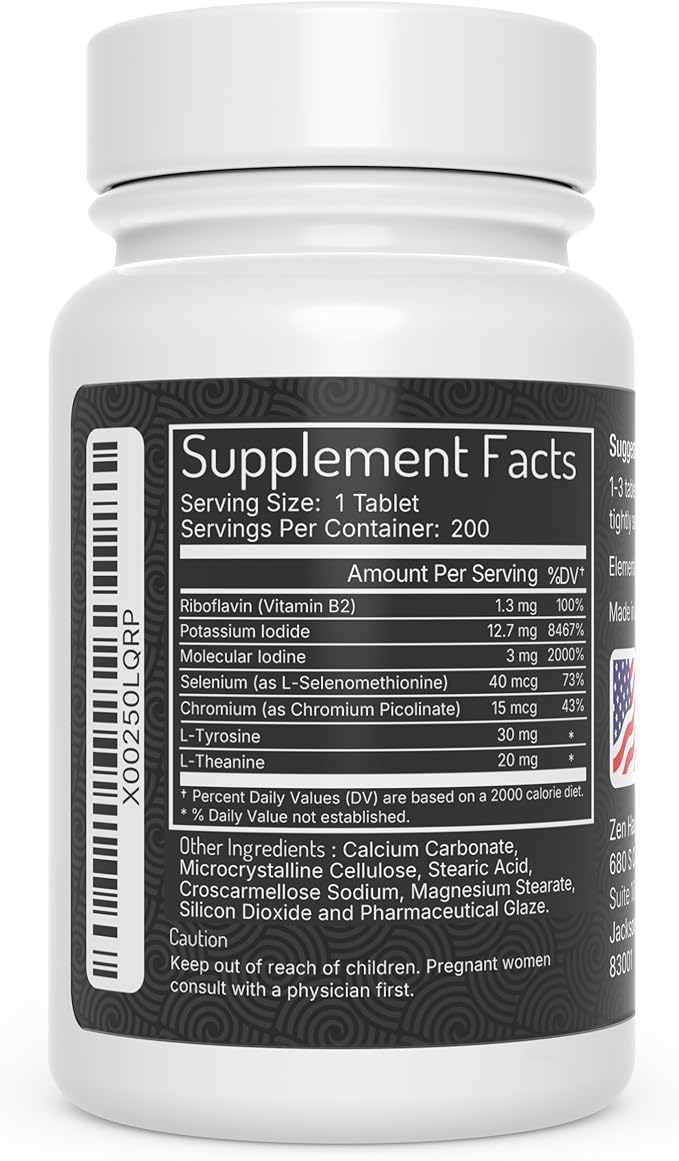 Zen Haus Iodine Supplement 12.5 mg with Selenium (as Selenomethionine) and More - 200 Tablets - Thyroid Plus Immune Support - High Potency Iodine Tablets - Compare to Lugol's Iodine Pills