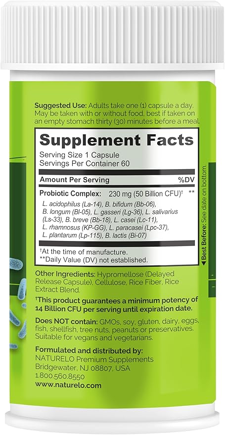 NATURELO Probiotics for Digestive Health - 50 Billion CFU, 11 Strains Daily Supplement - Boosts Immune System, Delayed Release, 60 Vegetarian Capsules