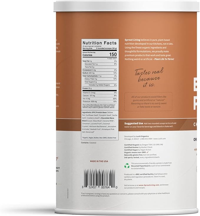 Sprout Living Epic Protein, Plant Based Protein & Superfoods Powder, Chocolate Maca Powder | 20 Grams Organic Protein Powder, Vegan, Non Dairy, Non-GMO, Gluten Free, Low Sugar (2 Pound, 24 Servings)