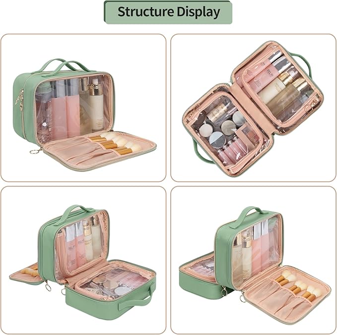 OCHEAL Makeup Bag, Double Layer Cosmetic Bag, Large Capacity New Look Clear Cosmetic Case for Women Travel Beauty Essentials, Multiple Compartments Makeup Case Organizer Zipper Pouch -Light Green