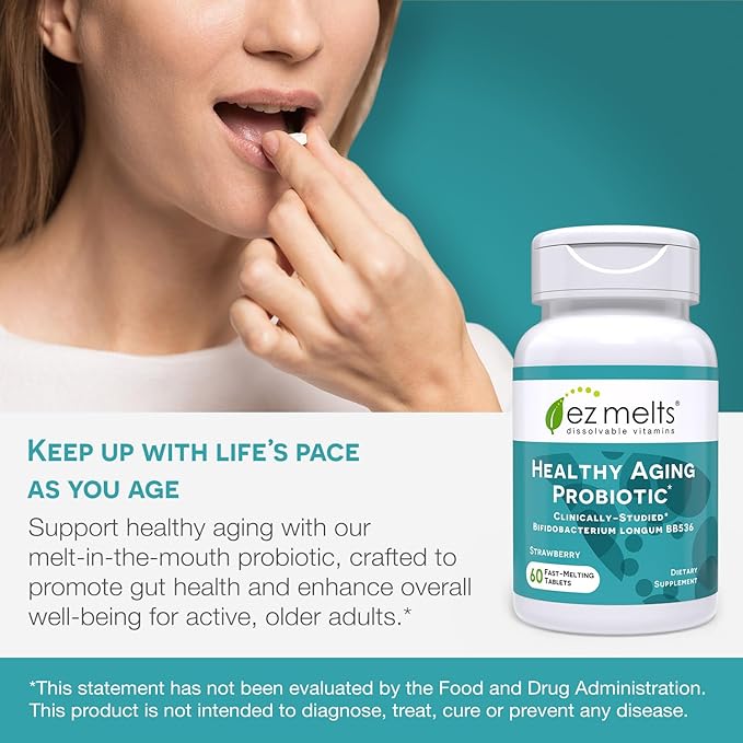 EZ Melts Dissolvable Healthy Aging Probiotic, Bifidobacterium Longum BB536 (2 Billion CFU), Sugar-Free, Probiotics for Women & Men 50+, 2-Month Supply