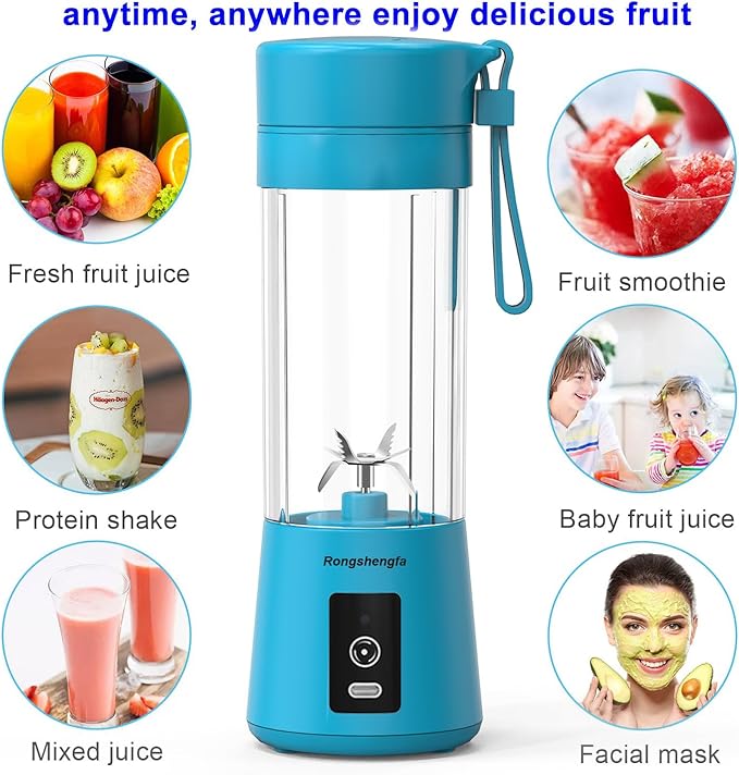 Portable Blender, Mini Personal Blender Bottles for shakes and smoothies,Cordless with USB-C Rechargeable To Go Mixer Electric Blender juicer Cup for Fruit Juice Protein mixes (Blue)