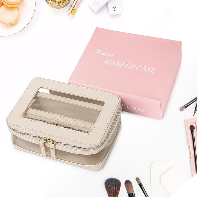 Travel Clear Makeup Bag with Brush Case TSA Approved Toiletry Bag Waterproof Cosmetic Organizer Car Essential for Women (Beige, M+SLIM)