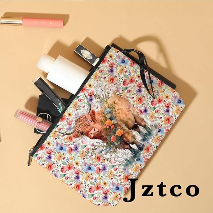 Western Cosmetic Bag Western Gifts Highland Cow Gifts for Women Cowgirl Country Girl Western Cow Lover Mom BFF Daughter Cow Stuff Toiletry Bag Graduation Mothers Day Birthday Gifts Floral Makeup Bag
