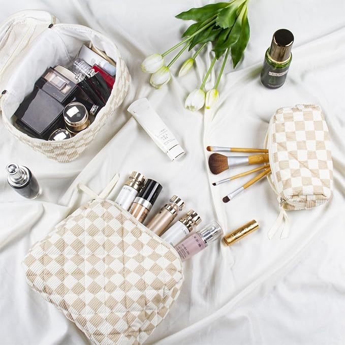 Quilted Makeup Bag Set, 3Pcs Large Checkered Corduroy Cosmetic Bags, Cute Coquette Makeup Bag Toiletry Zipper Pouch Bag for Women and Girls Checkered
