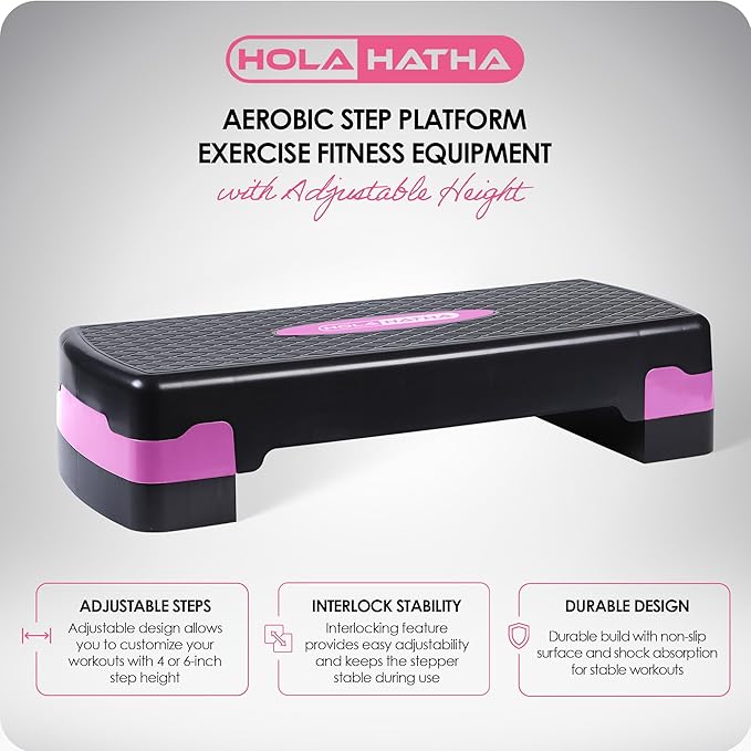 HolaHatha Compact Portable Aerobic Step Platform Exercise Fitness Equipment, Cardio Stepper with Adjustable Height for Home Gym