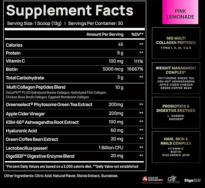 Super Collagen Burn Powder for Women w. Hyaluronic Acid, KSM66, Apple C Vinegar, Probiotics, Biotin - Premium Multi Collagen Peptides Protein for Weight Loss + Beauty Hair Skin Nails (Pink Lemonade)