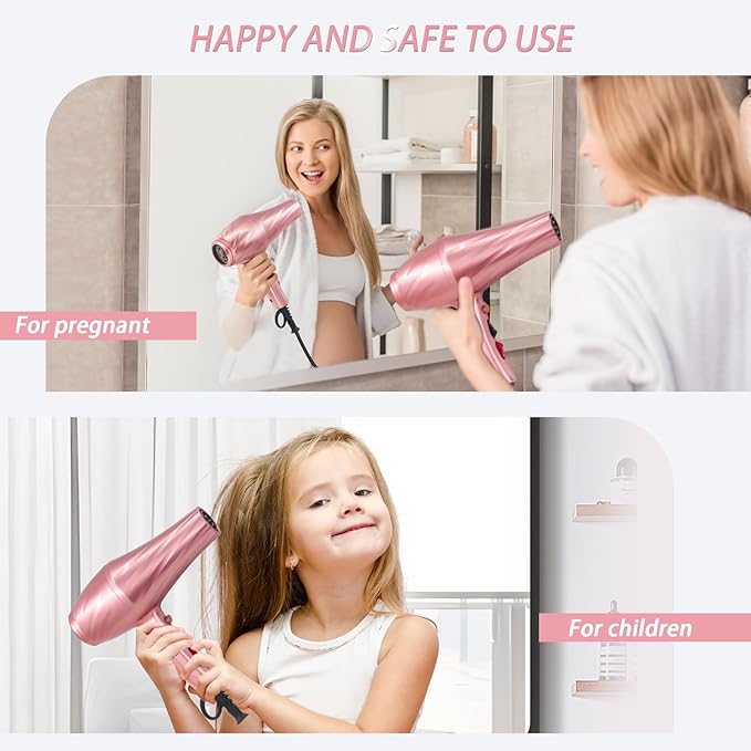 Ionic Hair Dryer,2400W Negative Ion Low Noise Hair Dryer Professional Fast Drying Hair Dryer with 2 Speeds, 3 Heat Settings, Cooling Button,with Diffuser for Curly and Straight Hair(Sakura Pink)