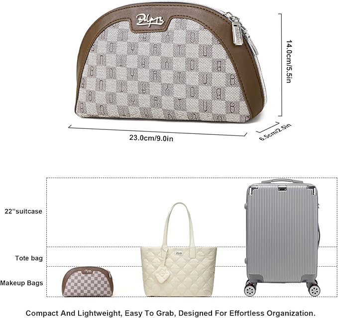 Small Makeup Bag for Purse Cosmetic Bag: Checkered Make up Bag for Women - Cute Preppy Skincare Bags for Evening - Waterproof Travel Pouch for Toiletry Organizer with Mirror & Zipper(023-Light Brown)