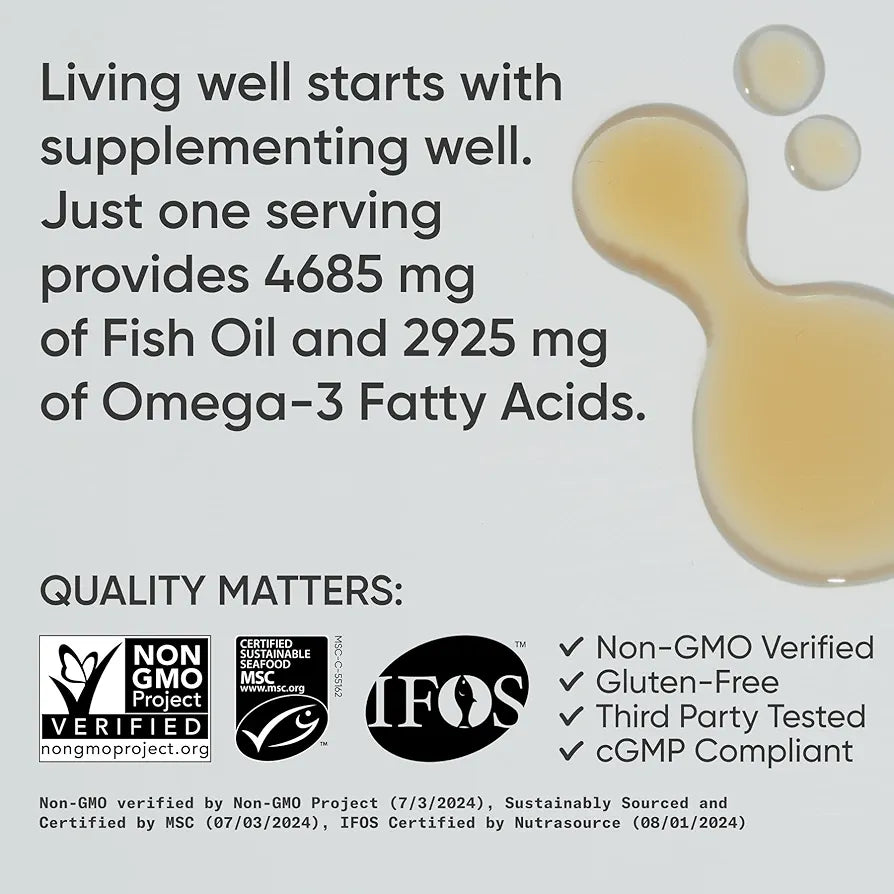 Sports Research Omega-3 Fish Oil 4685mg - Sourced from Wild Caught Alaska Pollock - Natural Lemon Flavor, MSC Certified Sustainable - 8oz