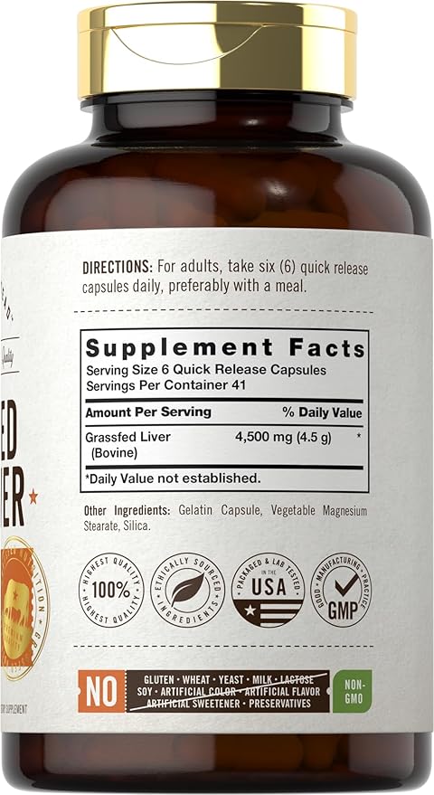 Carlyle Grass Fed Beef Liver Capsules 4500mg | 250 Count | Desiccated Supplement | Non-GMO, Gluten Free | by Herbage Farmstead