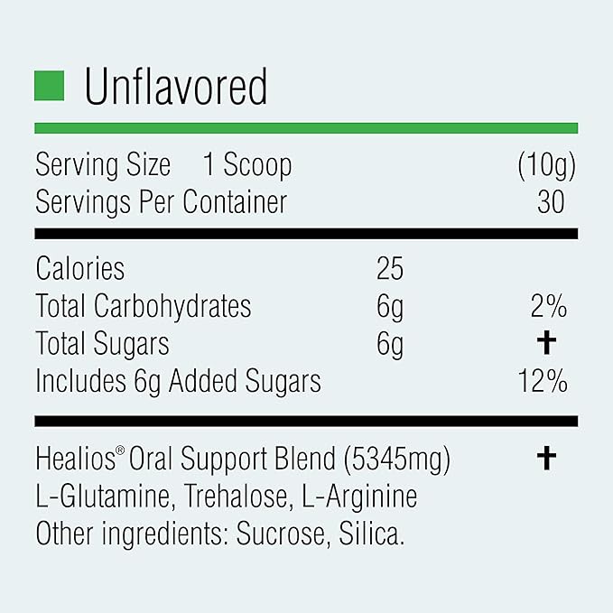 HEALIOS Unflavored Oral Health and Dietary Supplement, Powder Form, Naturally Sourced L-Glutamine Trehalose L-Arginine, 10.93 Ounces