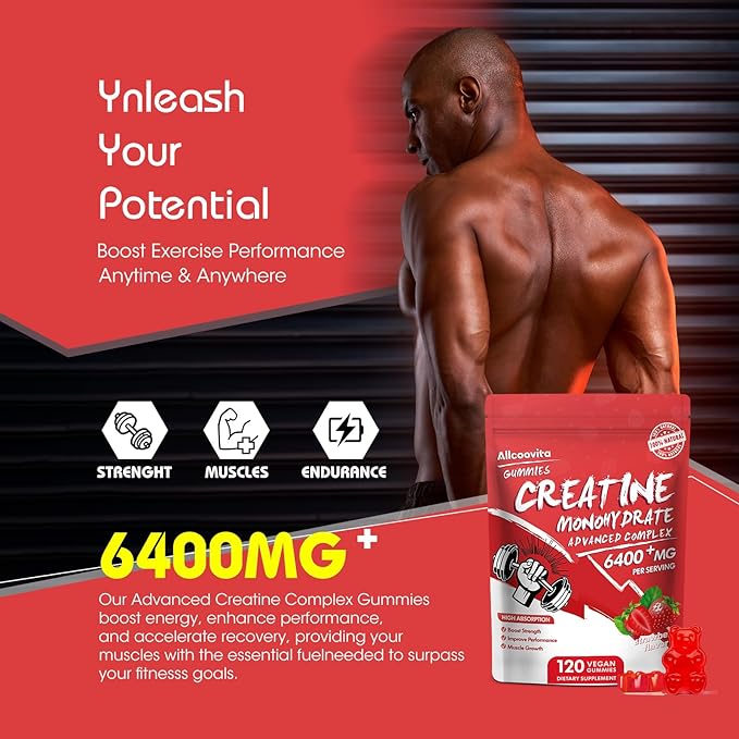 Creatine Monohydrate Gummies Complex 6400mg for Men & Women - 120 Gummies Advanced Formula, L-Taurine + Vitamin B12 for Muscle Strength, Muscle Builder, Energy Boost, Pre-Workout Supplement-Strawberry