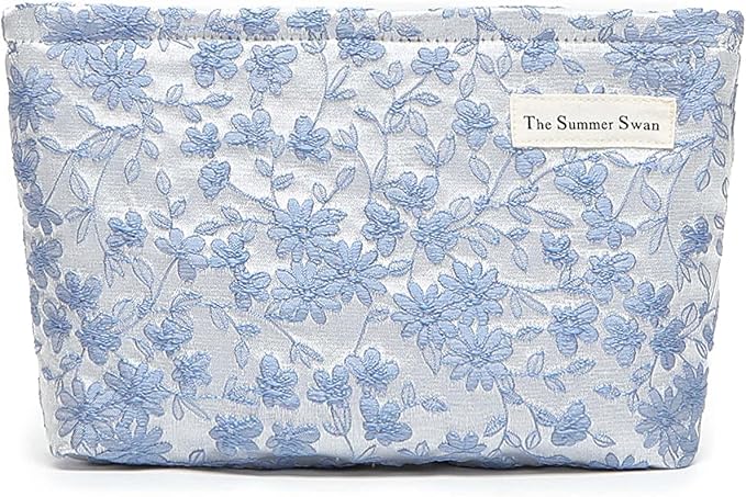 The Summer Swan | Floral Cosmetic Bag|Large Aesthetic Makeup Bag Travel Personal Item Preppy Pouch Skincare (Embroidery Blue)