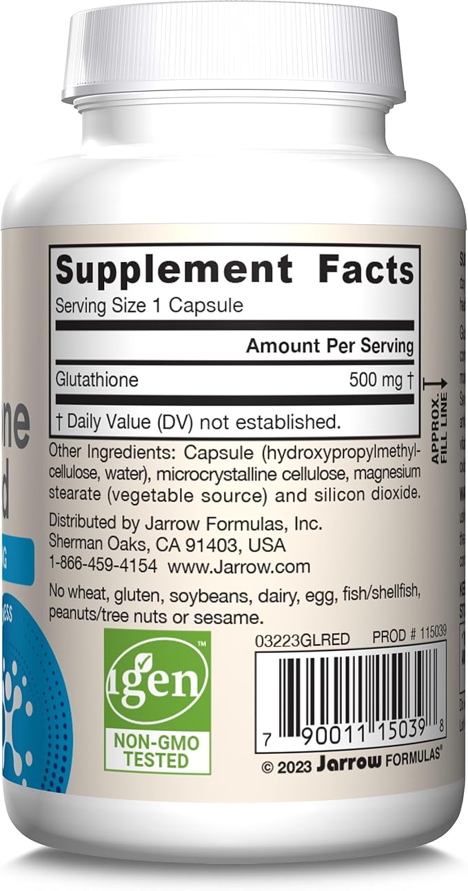 Jarrow Formulas Glutathione Reduced 500mg- 60 Veggie Capsules- Intracellular Antioxidant- Quality Glutathione Supplements- Supports Recycling of Vitamins C & E- Non-GMO- Gluten Free- Vegan, Pack of 12