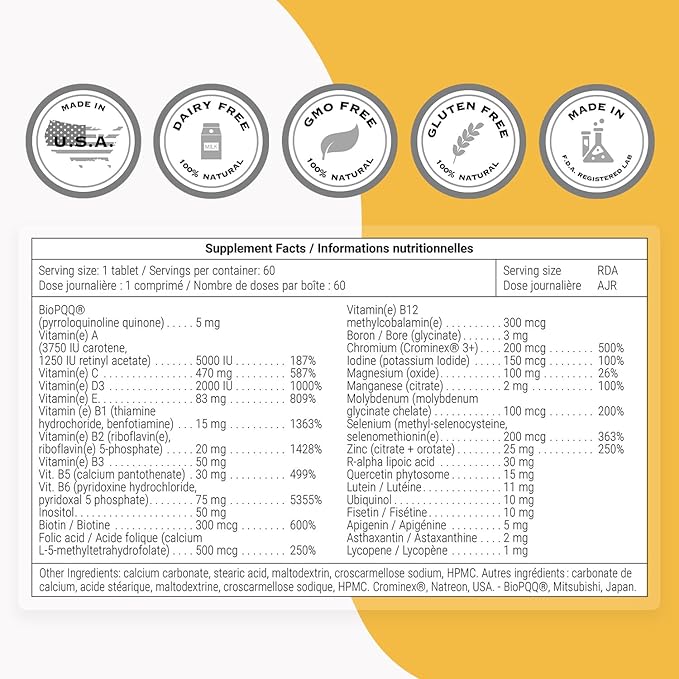 Supersmart - Daily 1® Timed Release - Multivitamin Supplement for Women & Men - with BioPQQ®, Vitamin A, B, C, D & E, Biotin, Quercetin & Fisetin | Made in USA | Non-GMO & Gluten Free - 60 Tablets