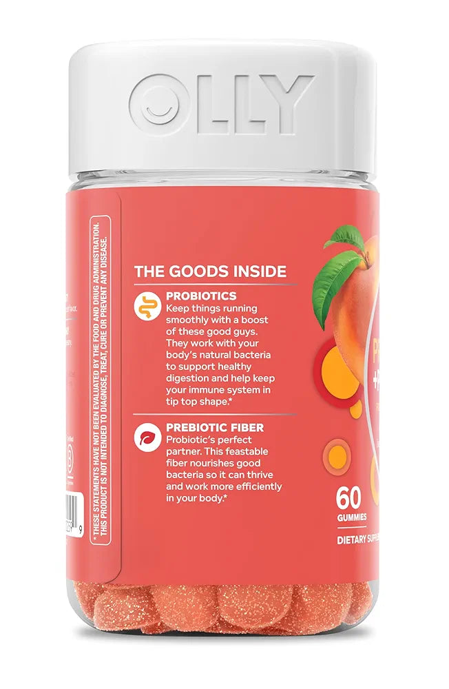 OLLY Probiotic + Prebiotic Gummy, Digestive Support and Gut Health, 500 Million CFUs, Fiber, Adult Chewable Supplement for Men and Women, Peach, 60 Day Supply - 60 Count