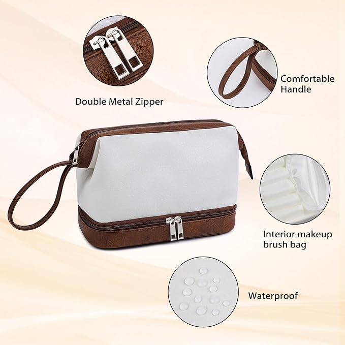 Stylish Makeup Bag Organizer Travel Case for Women Cosmetic Bag for Toiletries and Makeup Waterproof Leather Cosmetic Bag Perfect Fit Home or on the Go (C-White/Brown)