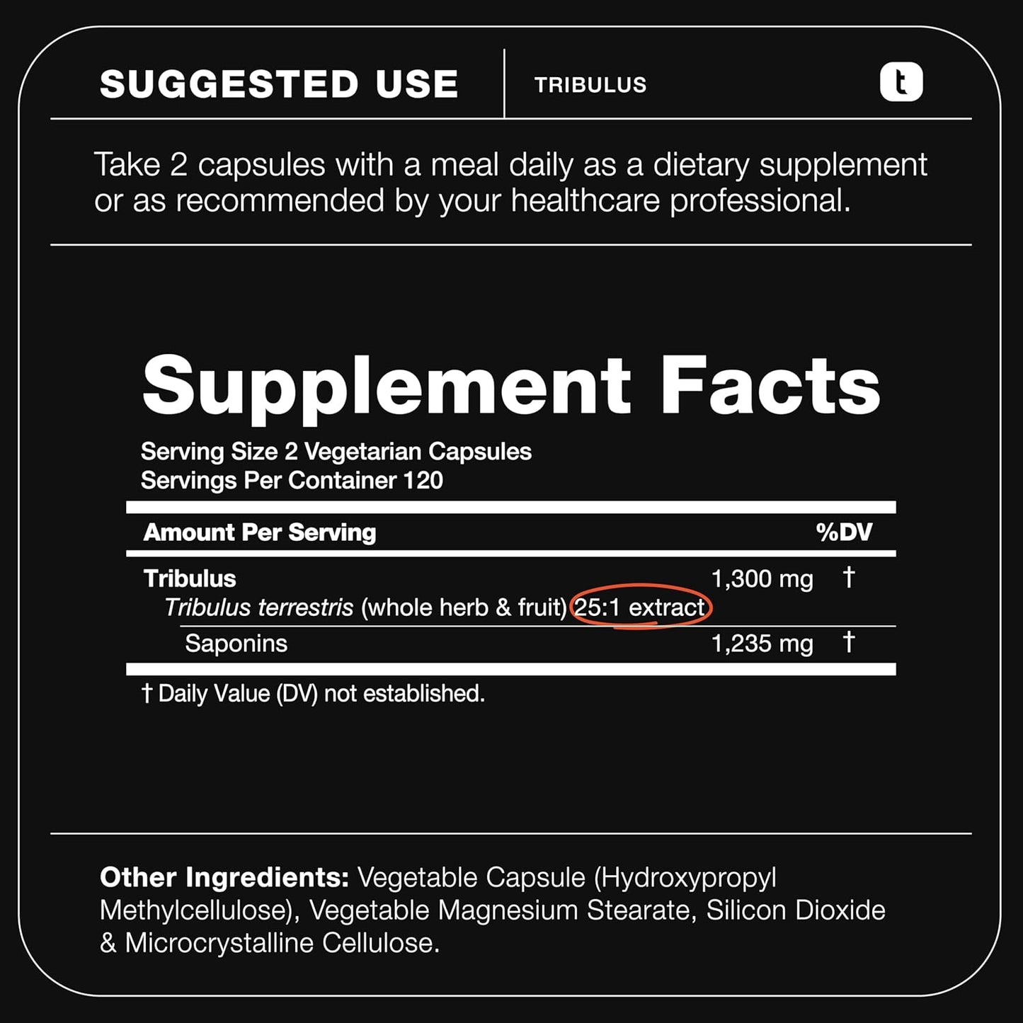 32,500mg 25:1 Concentrated Extract High Strength Tribulus Terrestris for Men - 95% Saponins - 1300mg Concentrated Extract Formula - 240 Caps