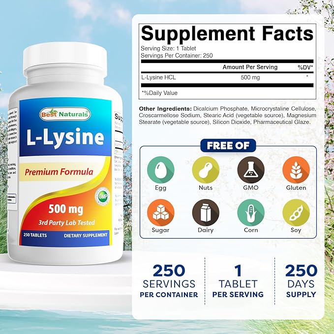 Best Naturals L-Lysine 500 mg 250 Tablets (250 Count (Pack of 3))