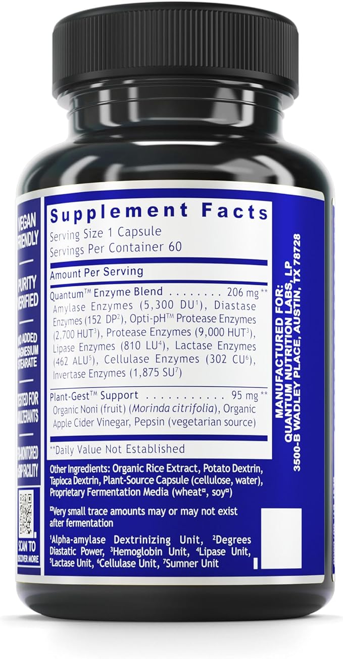 Quantum Nutrition Labs Quantum Digest - Digestive Health Enzymes for Women and Men, Digestion Support for Gut Health, Fully Active Vegan Enzyme Pills - 60 Vegetarian Capsules