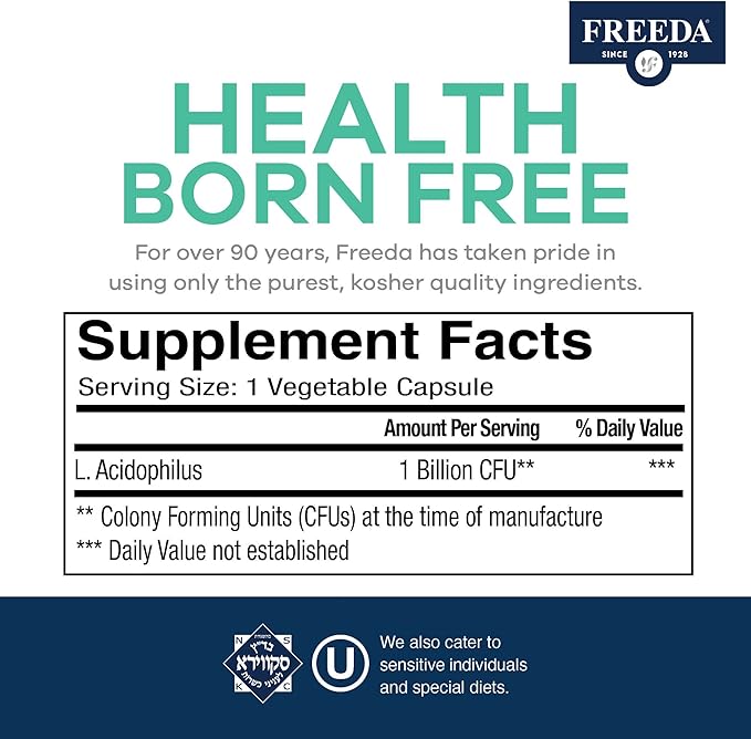 FREEDA Acidophilus Probiotic 1 Billion CFU - Lactobacillus Acidophilus Probiotics for Women & Men - Women's Probiotics for Digestive Health - Gut Health Supplements for Women & Men (250 Capsules)