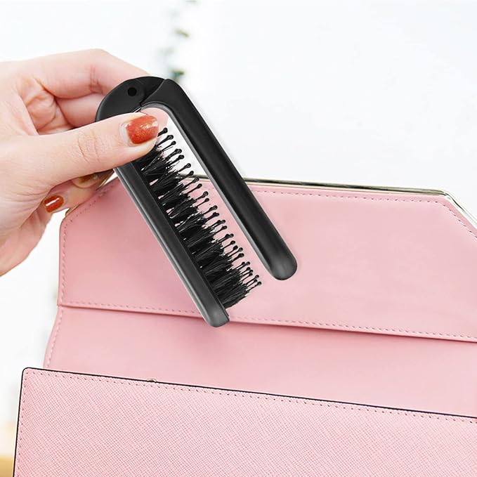Ancable Travel Folding Hair Brush, Collapsable Portable Pocket Boar Bristle Hair Brush for Thin and Thick Hair, Mini HairBrush for Men Women Kids, Restores Shine, Black
