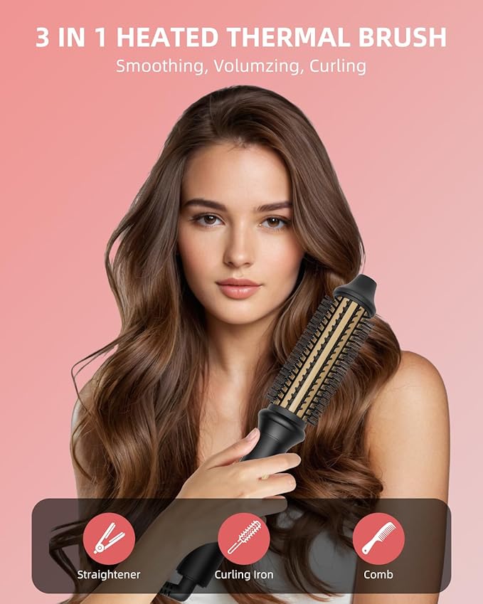 Thermal Brush, Avvnee 1.26 Inch Curling Iron for Long Dry Hair, Heated Round Brush Straightener with 10 Temp Settings, 30s Fast Heat for Curling & Volumizing, Anti-Scald Nylon Bristles