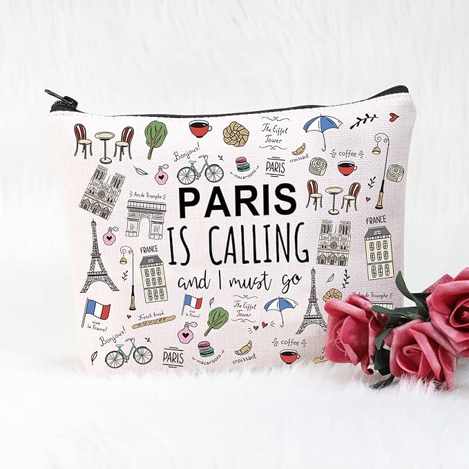 POFULL Paris Themed Gifts Paris Is Calling And I Must Go Cosmetic Bag Paris Lover Gift (Paris Is Calling Cosmetic Bag)
