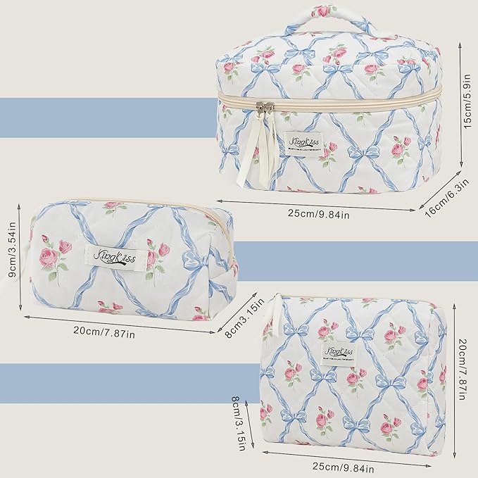 kingkiss Makeup Bag, Quilted Cosmetic Bag, Large Capacity Make Up Bag for Women, Cute Floral Storage Toiletry Bag Travel Storage Makeup Bag(Blue)