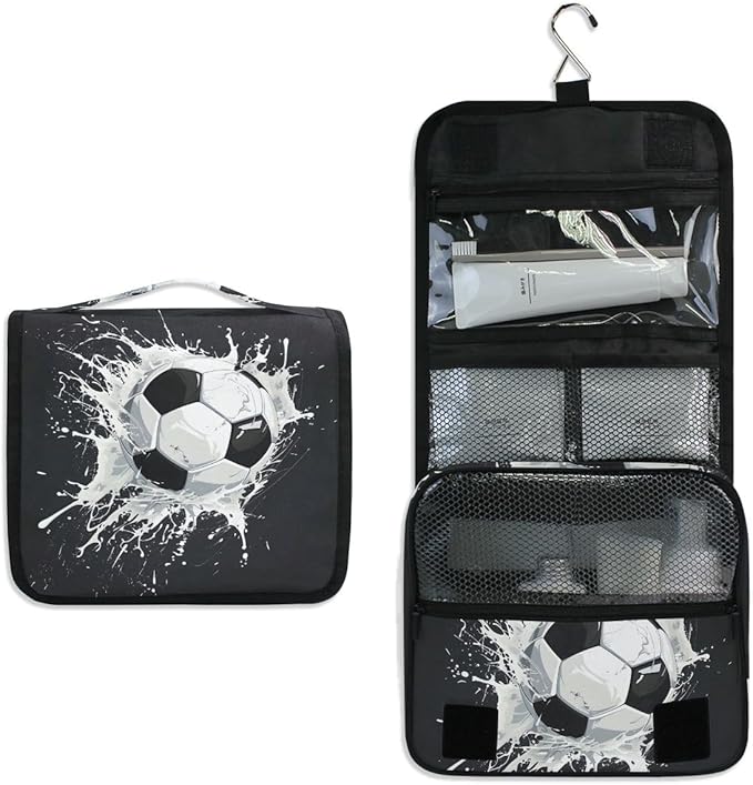 senya Hanging Travel Toiletry Bag Kit Boys Makeup Case Cosmetics Organizer for Men Women (Soccer Ball)