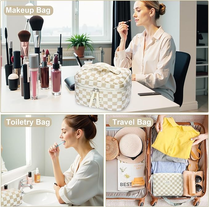 Quilted Makeup Bag Set, 3Pcs Large Checkered Corduroy Cosmetic Bags, Cute Coquette Makeup Bag Toiletry Zipper Pouch Bag for Women and Girls Checkered