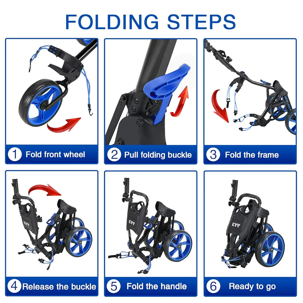 KVV 3 Wheel Golf Push Cart Ultra Lightweight Smallest Folding Size, New-Version Scorecard Holder