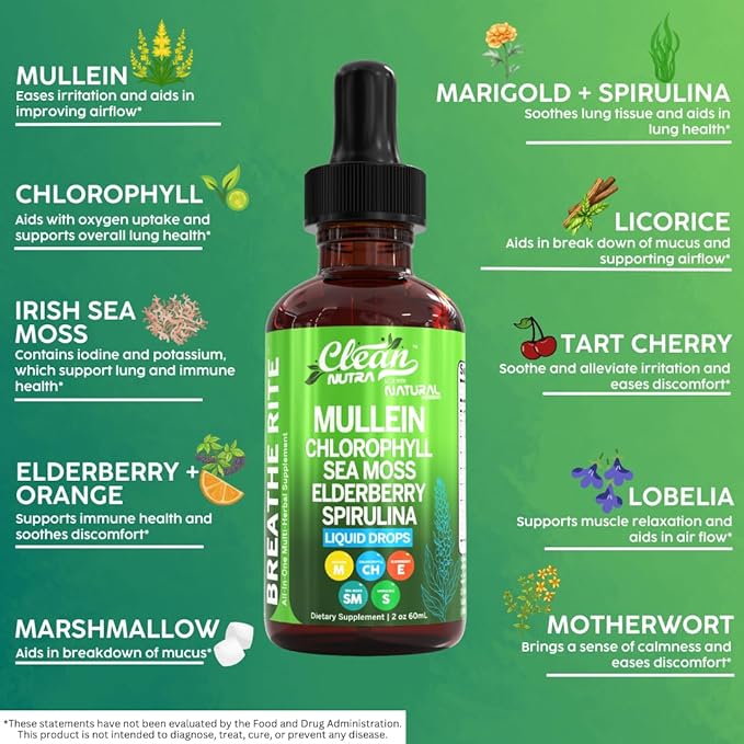 Organic Mullein Liquid Drops With Chlorophyll for Lung Detox Plus Irish Sea Moss, Spirulina, Licorice, Tart Cherry, Lobelia, Motherwort, And Elderberry For Men Women Health Supplement Vitamin
